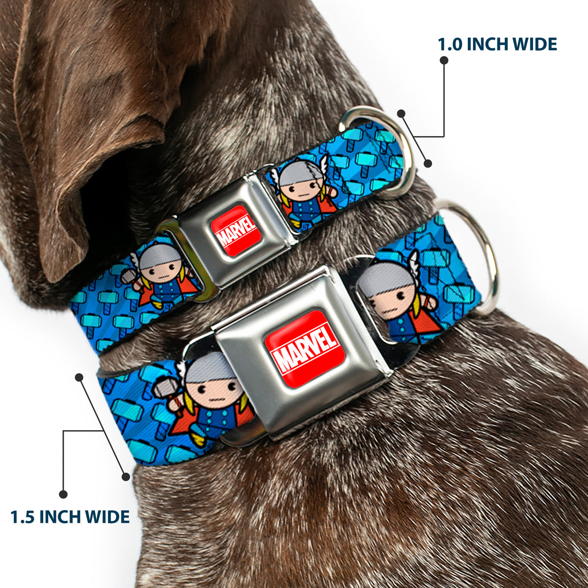 MARVEL UNIVERSE MARVEL Full Color Red White Seatbelt Buckle Collar - Kawaii Thor Poses/Hammer Monogram Blues Dog Collars Seatbelt Buckle Marvel Comics