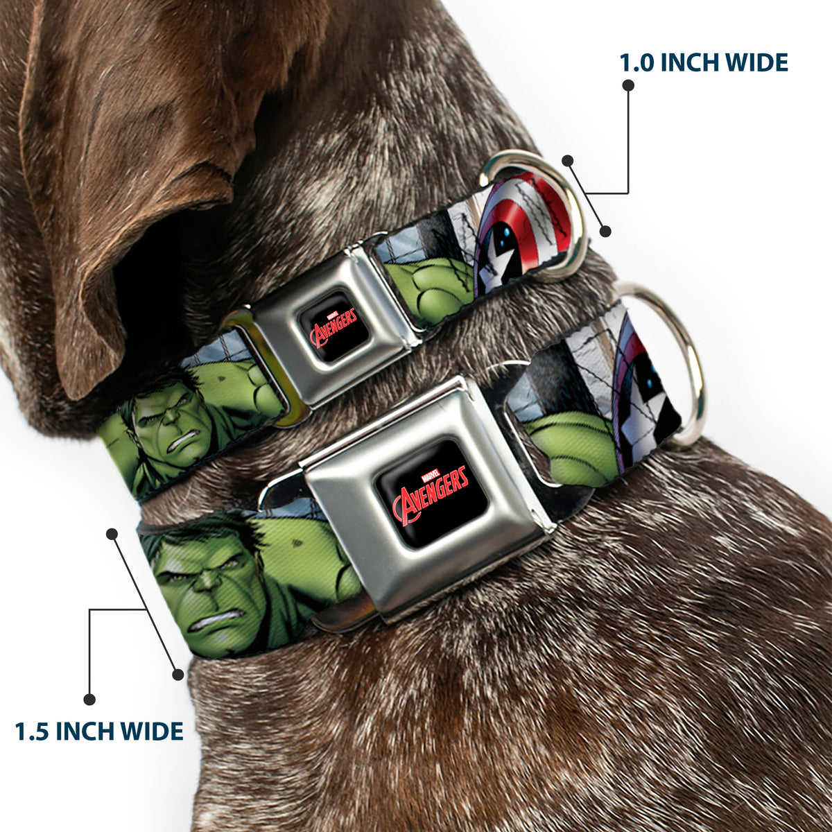 MARVEL AVENGERS Logo Full Color Black/Red/White Seatbelt Buckle Collar - Marvel Avengers 4-Superhero Poses CLOSE-UP Dog Collars Seatbelt Buckle Marvel Comics