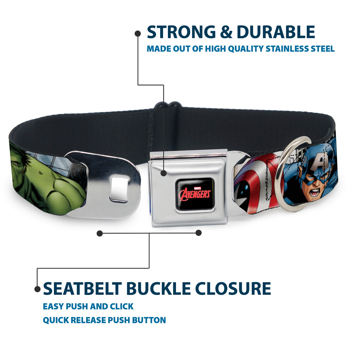 MARVEL AVENGERS Logo Full Color Black/Red/White Seatbelt Buckle Collar - Marvel Avengers 4-Superhero Poses CLOSE-UP Dog Collars Seatbelt Buckle Marvel Comics