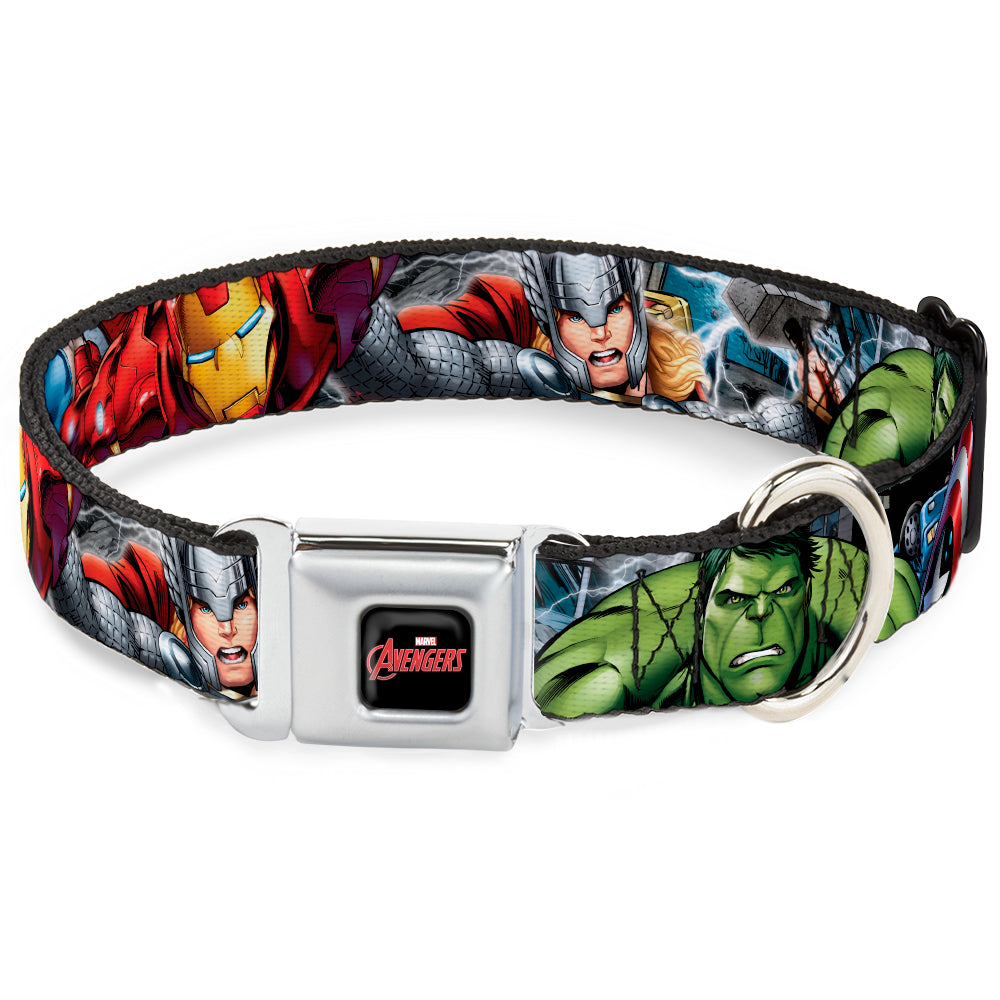 MARVEL AVENGERS Logo Full Color Black/Red/White Seatbelt Buckle Collar - Marvel Avengers 4-Superhero Poses CLOSE-UP Dog Collars Seatbelt Buckle Marvel Comics