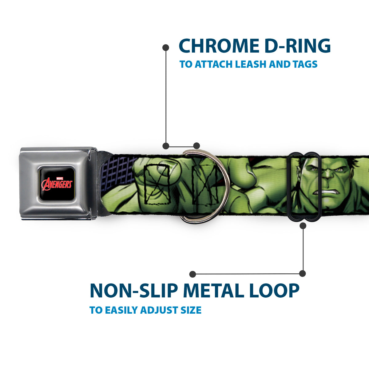 MARVEL AVENGERS Logo Full Color Black/Red/White Seatbelt Buckle Collar - Marvel Hulk CLOSE-UP Poses Dog Collars Seatbelt Buckle Marvel Comics
