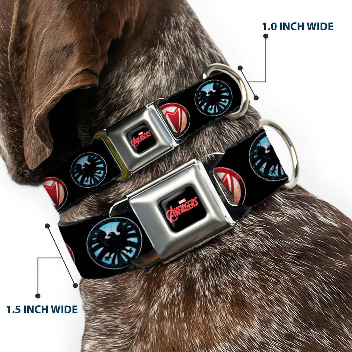MARVEL AVENGERS MARVEL AVENGERS Logo Full Color Black Red White Seatbelt Buckle Collar - 9-Avenger Icons Black/Multi Color Dog Collars Seatbelt Buckle Marvel Comics