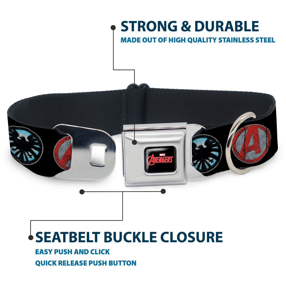 MARVEL AVENGERS MARVEL AVENGERS Logo Full Color Black Red White Seatbelt Buckle Collar - 9-Avenger Icons Black/Multi Color Dog Collars Seatbelt Buckle Marvel Comics