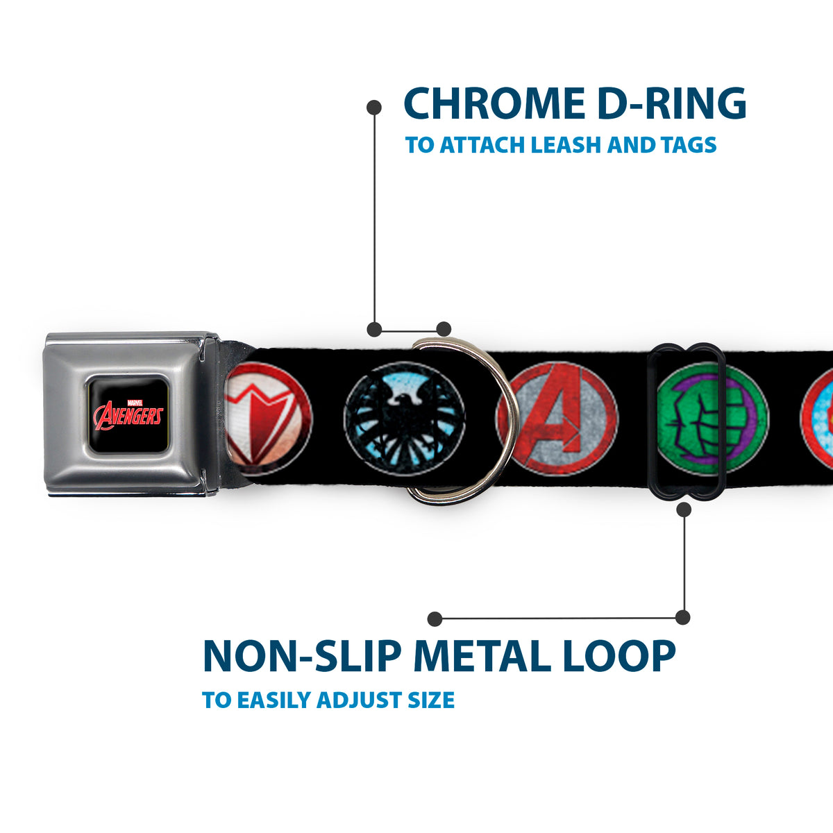 MARVEL AVENGERS MARVEL AVENGERS Logo Full Color Black Red White Seatbelt Buckle Collar - 9-Avenger Icons Black/Multi Color Dog Collars Seatbelt Buckle Marvel Comics