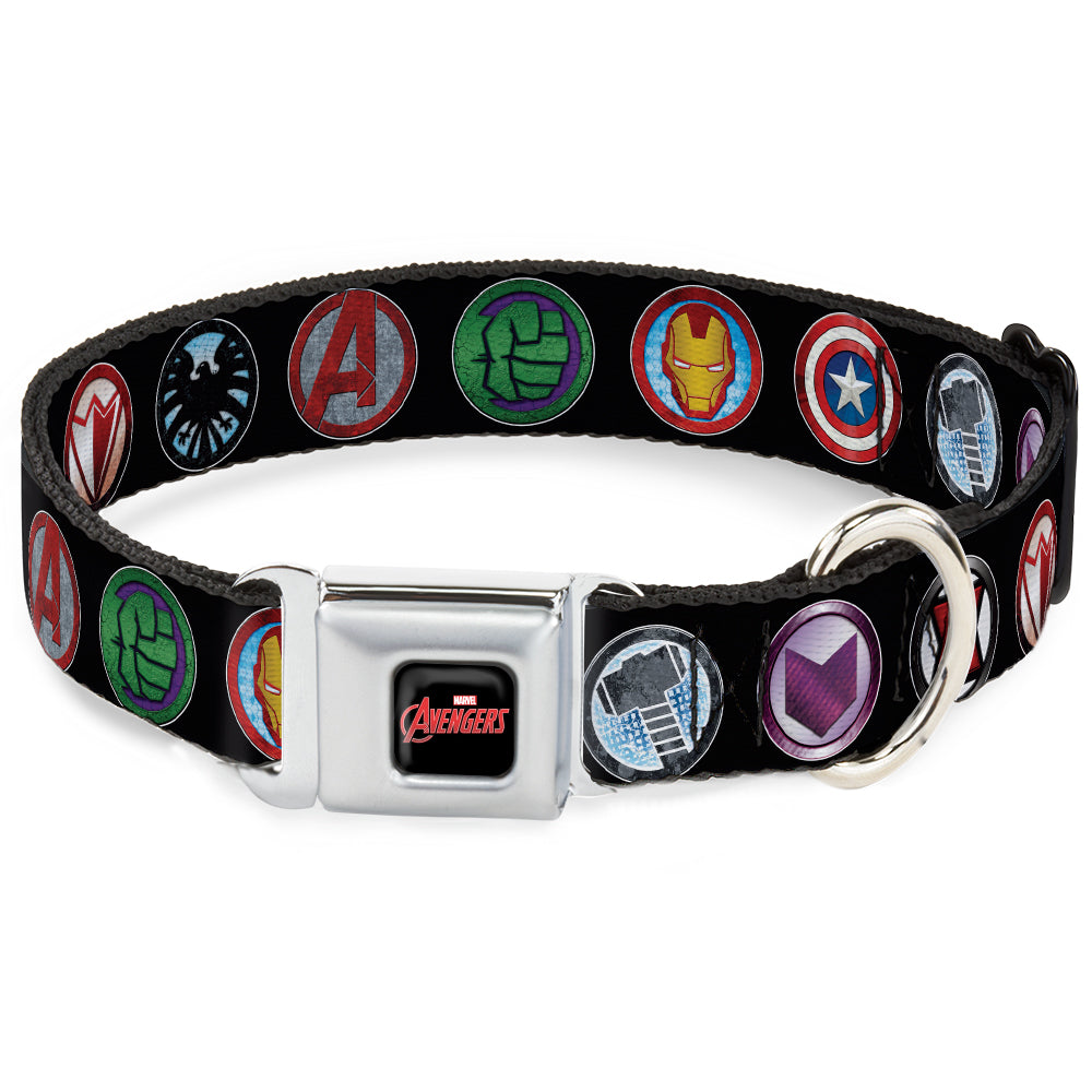 MARVEL AVENGERS MARVEL AVENGERS Logo Full Color Black Red White Seatbelt Buckle Collar - 9-Avenger Icons Black/Multi Color Dog Collars Seatbelt Buckle Marvel Comics