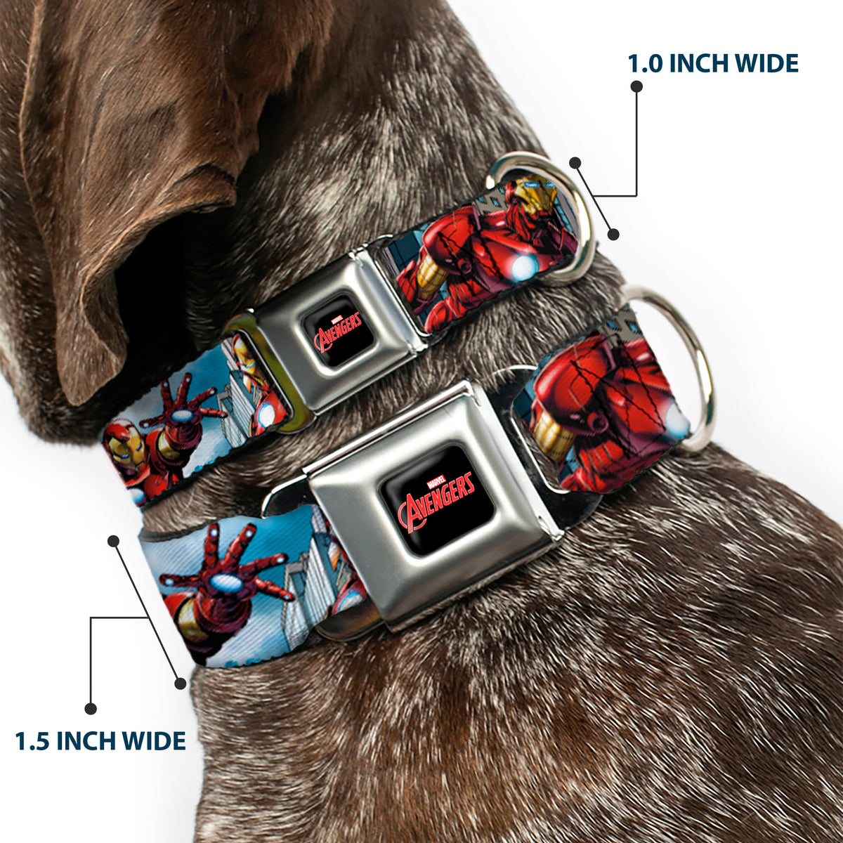 MARVEL AVENGERS Logo Full Color Black/Red/White Seatbelt Buckle Collar - IRON MAN w/Avengers Logo Cityscape Dog Collars Seatbelt Buckle Marvel Comics