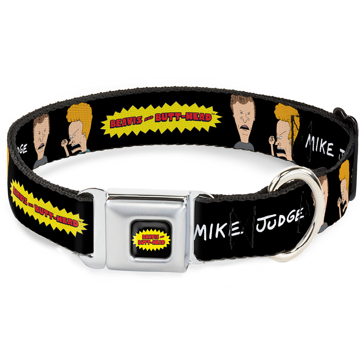 BEAVIS AND BUTT-HEAD Title Logo Full Color Black/Yellow/Red Seatbelt Buckle Collar - BEAVIS AND BUTT-HEAD Title Logo and Pose Black Dog Collars Seatbelt Buckle MTV