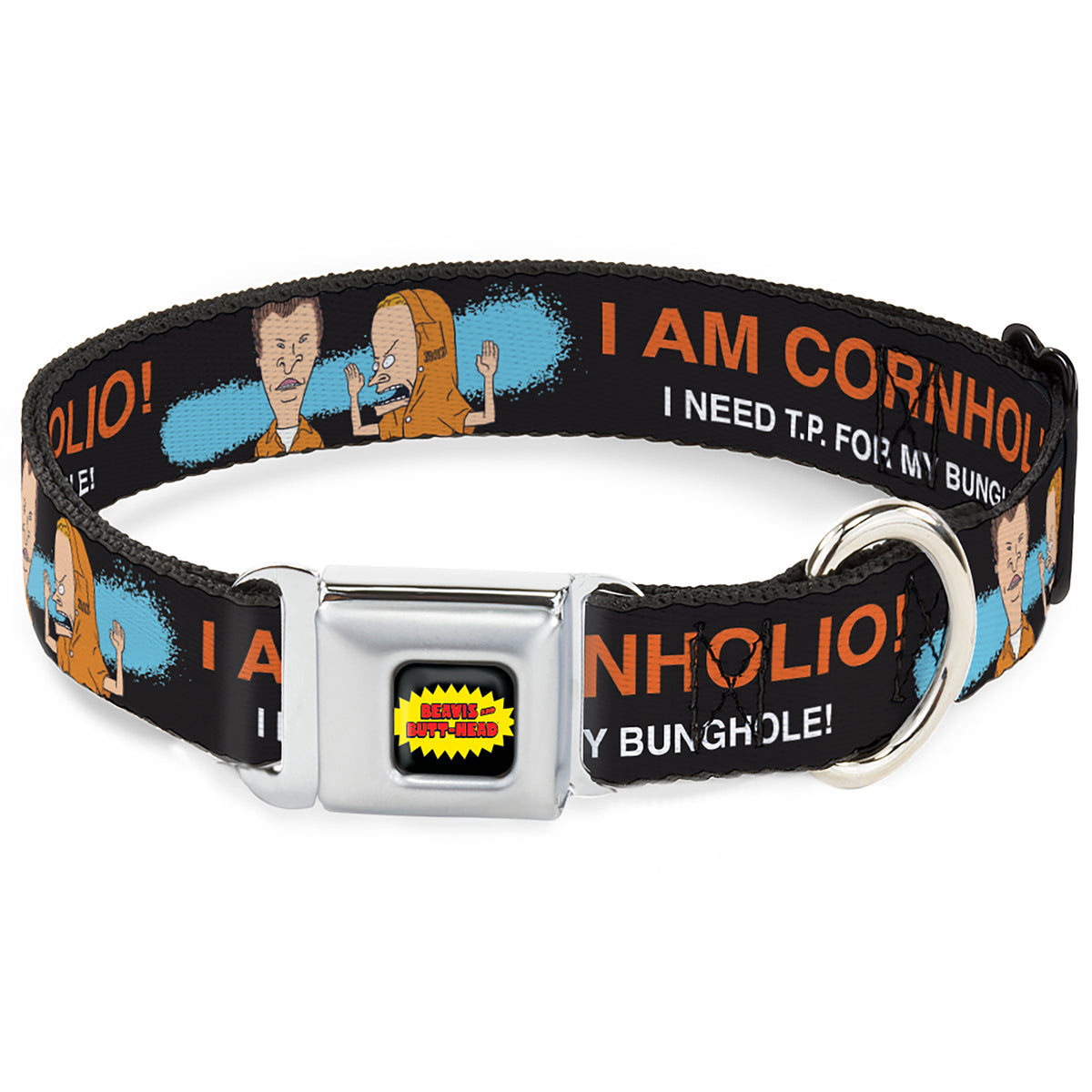 BEAVIS AND BUTT-HEAD Title Logo Full Color Black/Yellow/Red Seatbelt Buckle Collar - Beavis and Butt-Head I AM CORNHOLIO Pose Black/Orange/White Dog Collars Seatbelt Buckle MTV