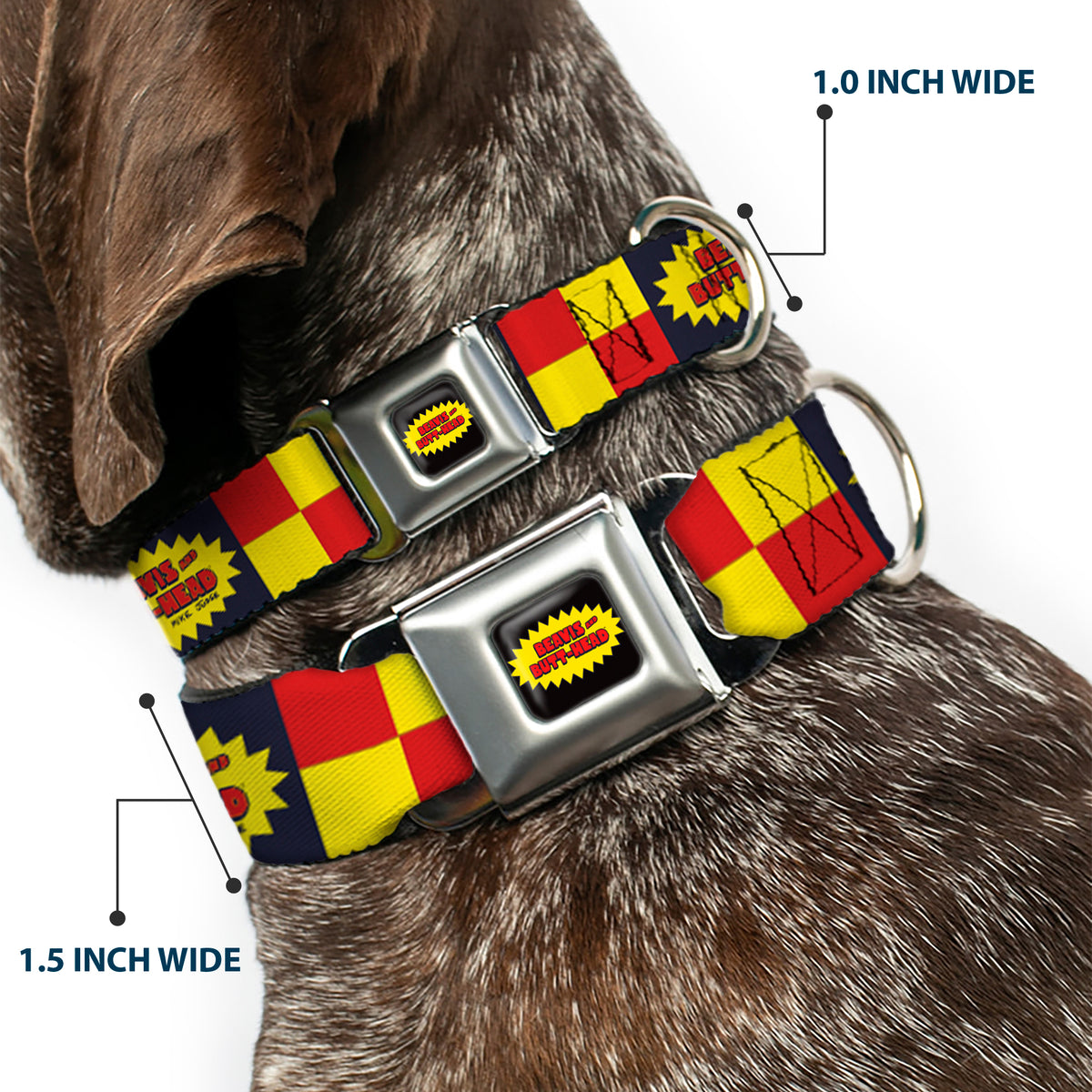 BEAVIS AND BUTT-HEAD Title Logo Full Color Black/Yellow/Red Seatbelt Buckle Collar - BEAVIS AND BUTT-HEAD Title Logo Checker Black/Red/Yellow Dog Collars Seatbelt Buckle MTV