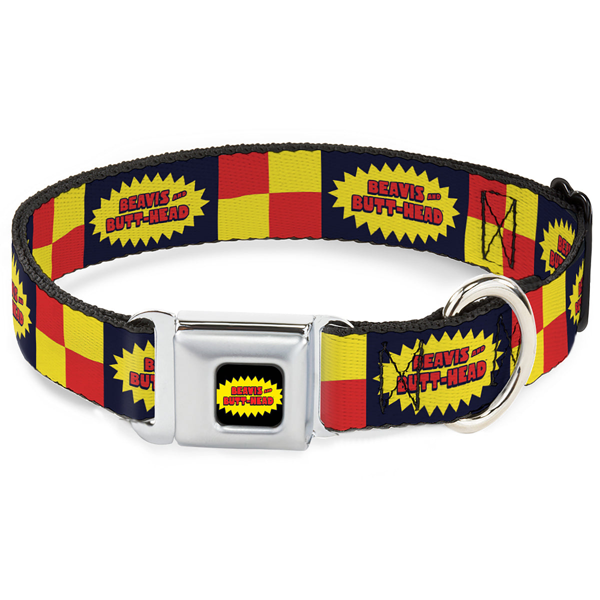 BEAVIS AND BUTT-HEAD Title Logo Full Color Black/Yellow/Red Seatbelt Buckle Collar - BEAVIS AND BUTT-HEAD Title Logo Checker Black/Red/Yellow Dog Collars Seatbelt Buckle MTV