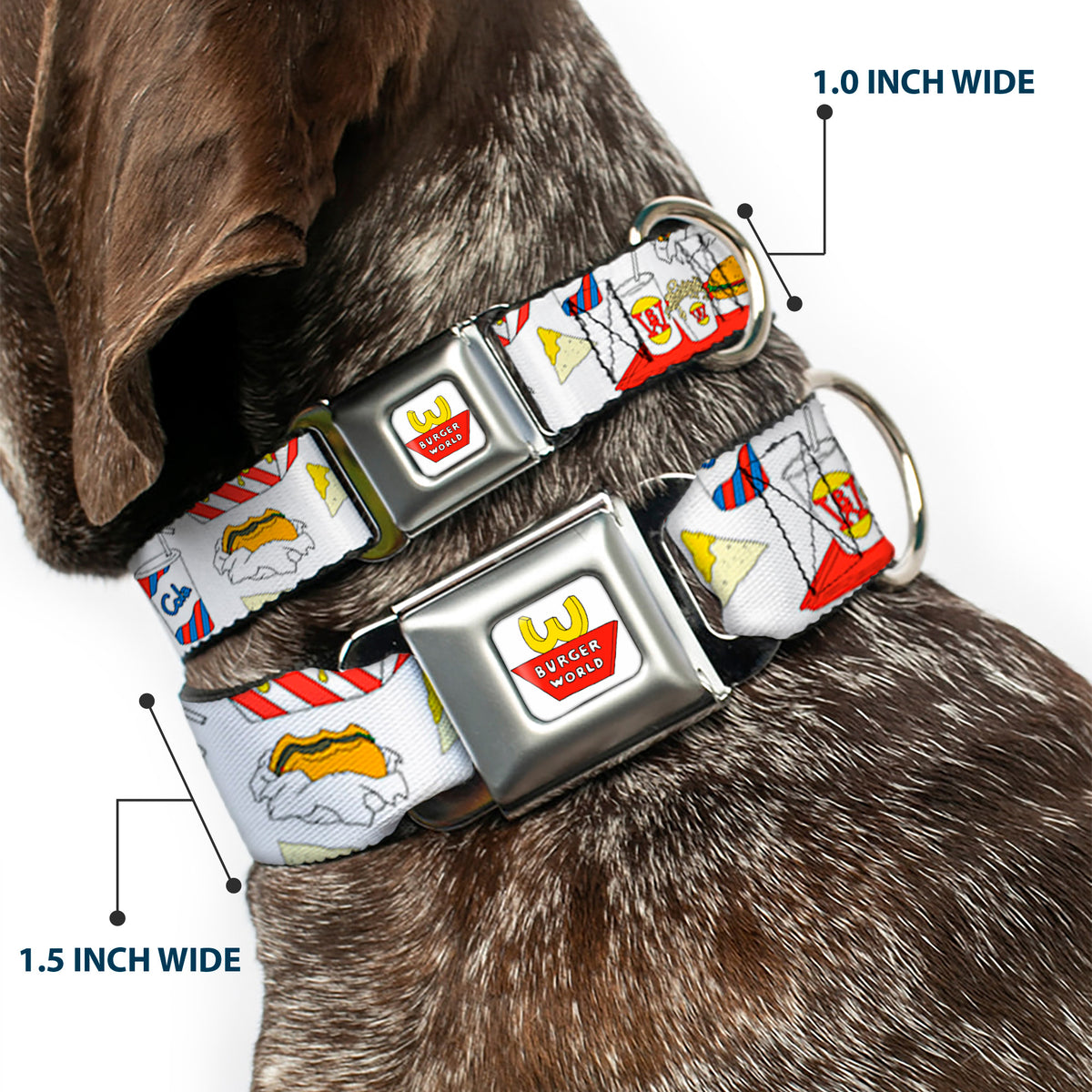 Beavis and Butt-Head BURGER WORLD Logo Full Color White Seatbelt Buckle Collar - BEAVIS AND BUTT-HEAD Burger World Icons Collage White Dog Collars Seatbelt Buckle MTV