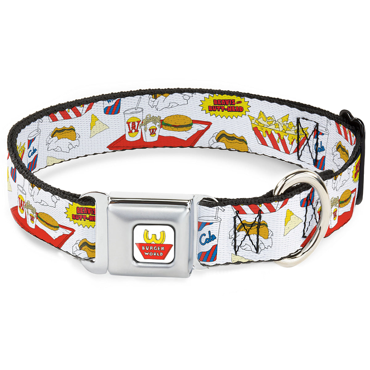 Beavis and Butt-Head BURGER WORLD Logo Full Color White Seatbelt Buckle Collar - BEAVIS AND BUTT-HEAD Burger World Icons Collage White Dog Collars Seatbelt Buckle MTV