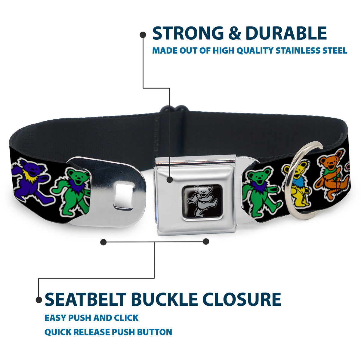 Grateful Dead Bear Seatbelt Buckle Collar - Dancing Bears Black/Multi Color Dog Collars Seatbelt Buckle Grateful Dead