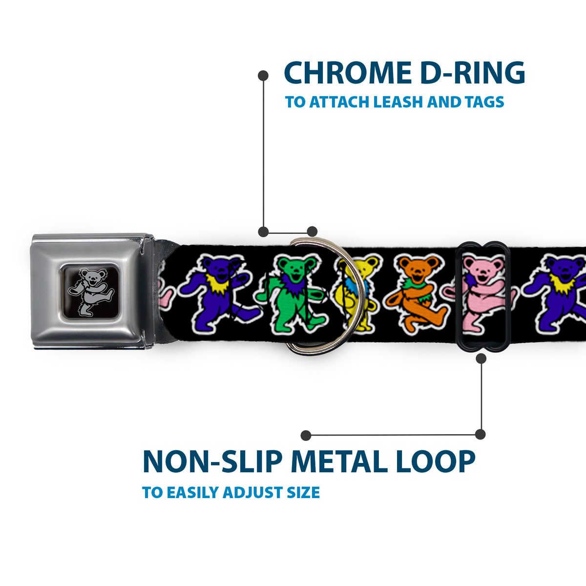 Grateful Dead Bear Seatbelt Buckle Collar - Dancing Bears Black/Multi Color Dog Collars Seatbelt Buckle Grateful Dead
