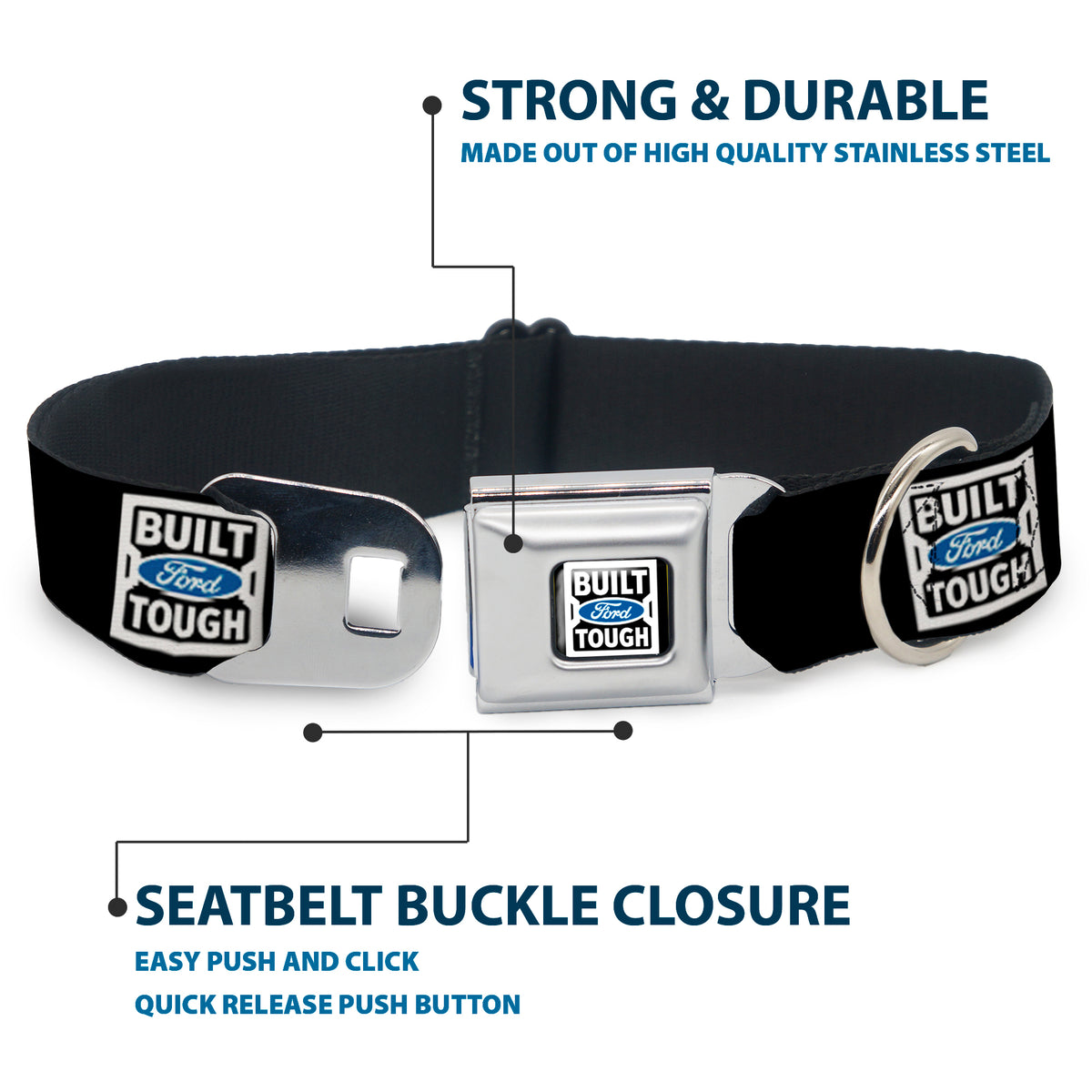 BUILT FORD TOUGH Logo2 Full Color Black White Blue Seatbelt Buckle Collar - BUILT FORD TOUGH Logo2 Black/White/Blue Dog Collars Seatbelt Buckle Ford