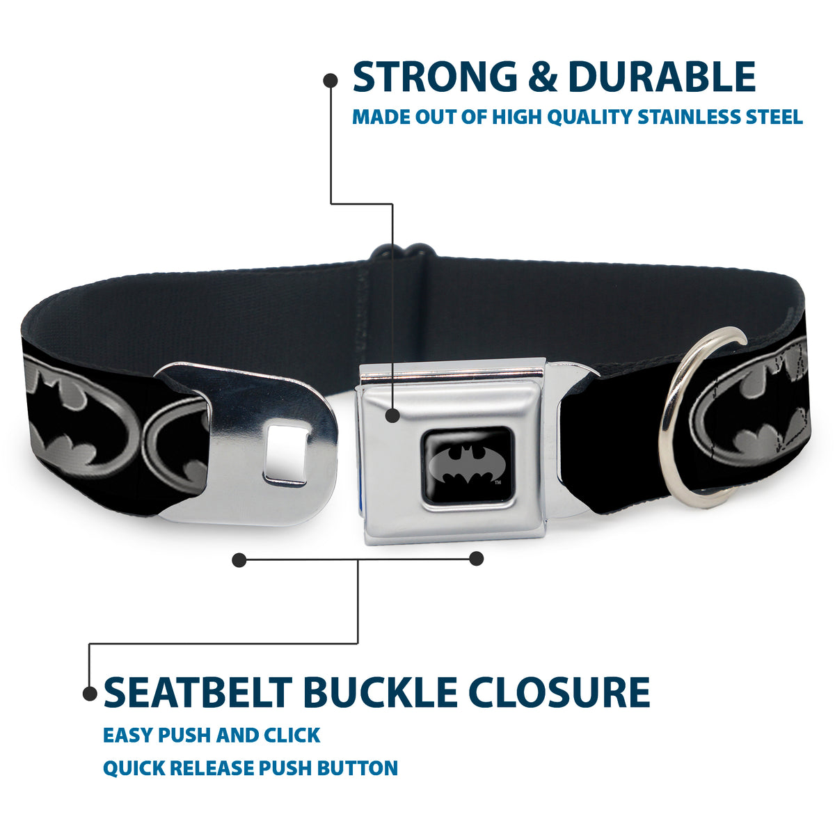 Batman Black Silver Seatbelt Buckle Collar - Batman Shield Black/Silver Dog Collars Seatbelt Buckle DC Comics