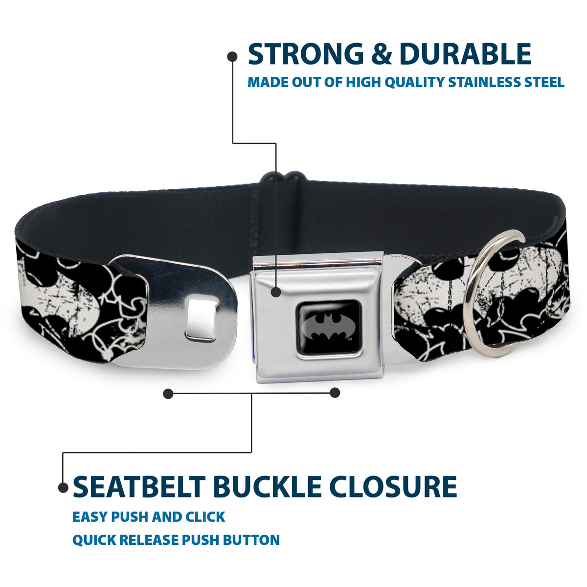 Batman Black Silver Seatbelt Buckle Collar - Batman Outlines Black/White Dog Collars Seatbelt Buckle DC Comics