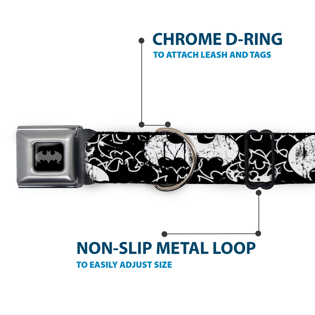 Batman Black Silver Seatbelt Buckle Collar - Batman Outlines Black/White Dog Collars Seatbelt Buckle DC Comics