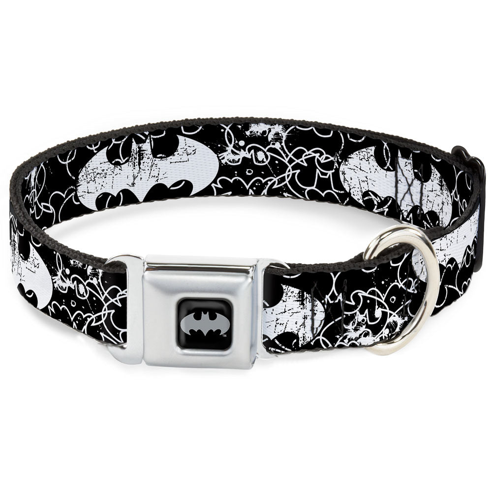 Batman Black Silver Seatbelt Buckle Collar - Batman Outlines Black/White Dog Collars Seatbelt Buckle DC Comics