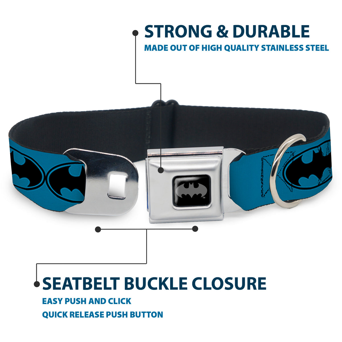 Batman Black Silver Seatbelt Buckle Collar - Bat Signal-3 Blue/Black/Blue Dog Collars Seatbelt Buckle DC Comics