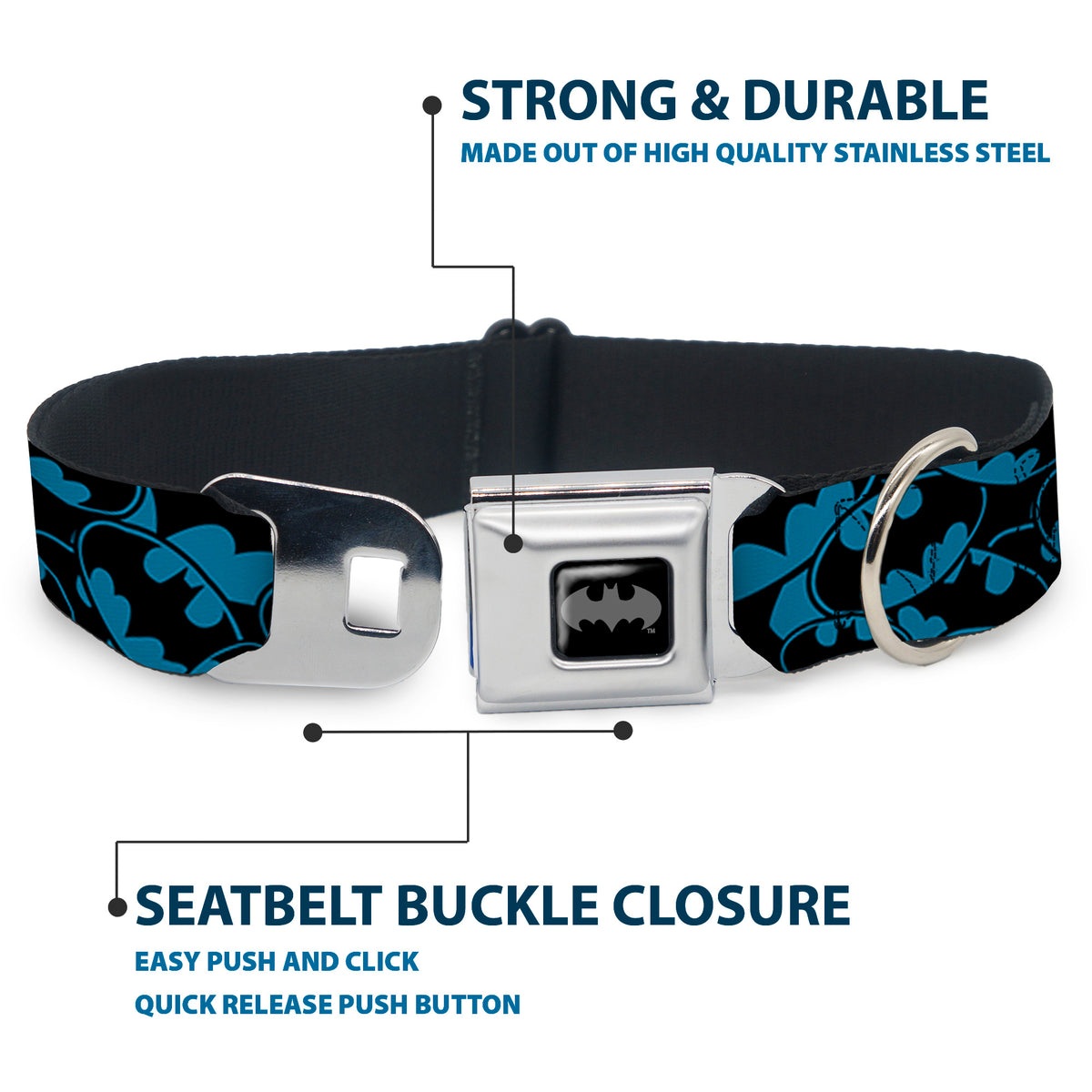 Batman Black/Silver Seatbelt Buckle Collar - Bat Signals Stacked Blue/Black Dog Collars Seatbelt Buckle DC Comics