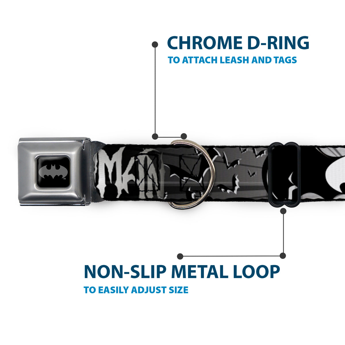 Batman Black Silver Seatbelt Buckle Collar - BATMAN w/Bat Signals & Flying Bats Black/White Dog Collars Seatbelt Buckle DC Comics