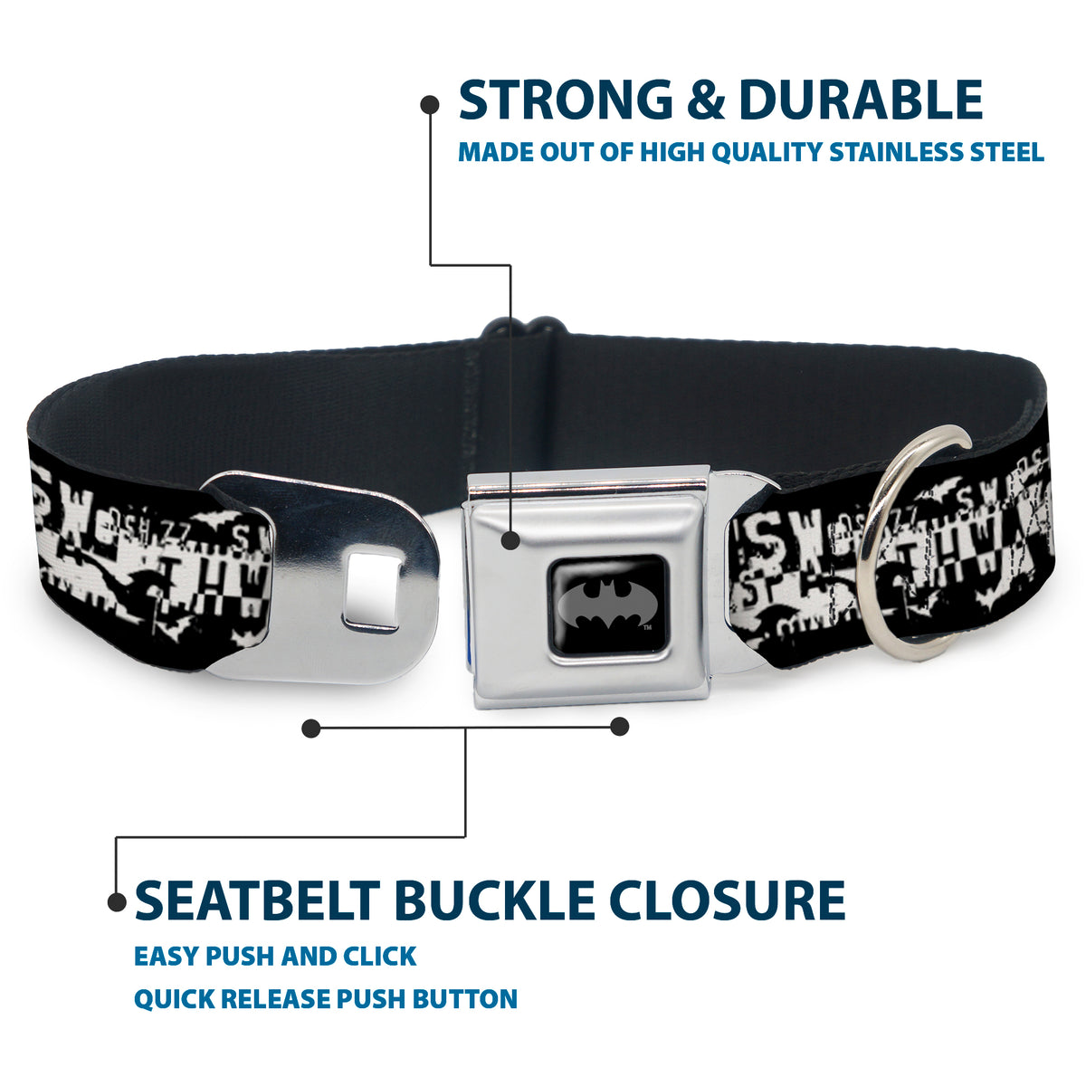 Batman Black Silver Seatbelt Buckle Collar - Batman Action Verbiage Black/White Dog Collars Seatbelt Buckle DC Comics