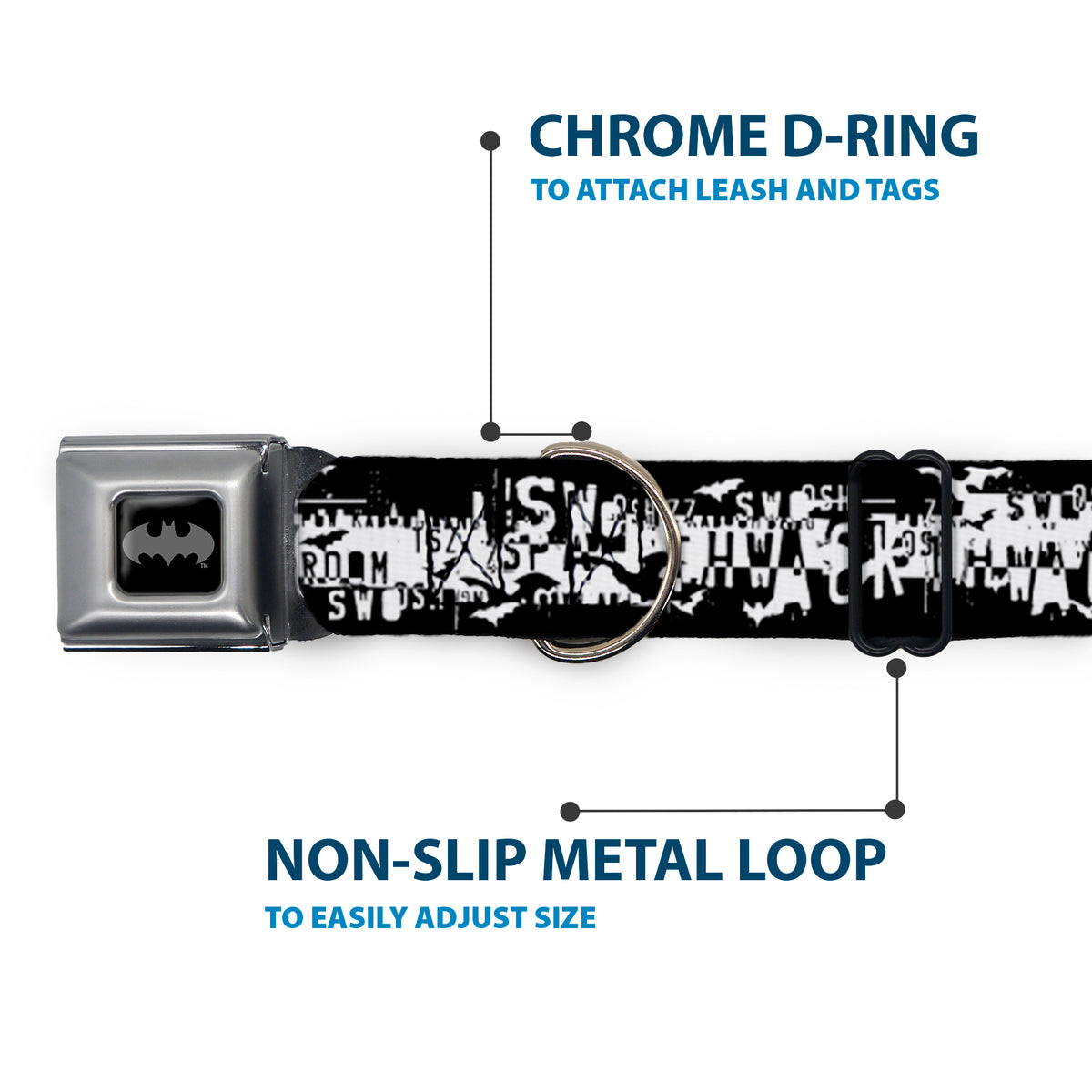 Batman Black Silver Seatbelt Buckle Collar - Batman Action Verbiage Black/White Dog Collars Seatbelt Buckle DC Comics