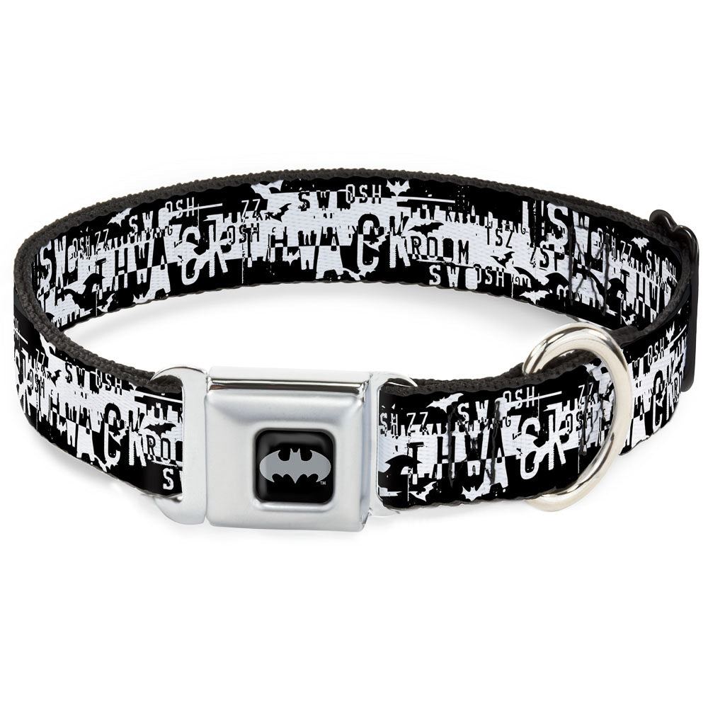 Batman Black Silver Seatbelt Buckle Collar - Batman Action Verbiage Black/White Dog Collars Seatbelt Buckle DC Comics