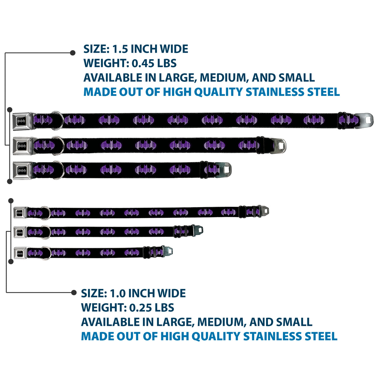 Batman Black Silver Seatbelt Buckle Collar - Batman Signal Black/Purple Plaid Dog Collars Seatbelt Buckle DC Comics