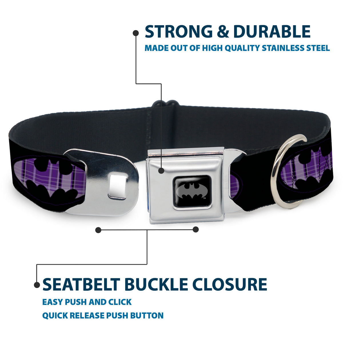 Batman Black Silver Seatbelt Buckle Collar - Batman Signal Black/Purple Plaid Dog Collars Seatbelt Buckle DC Comics
