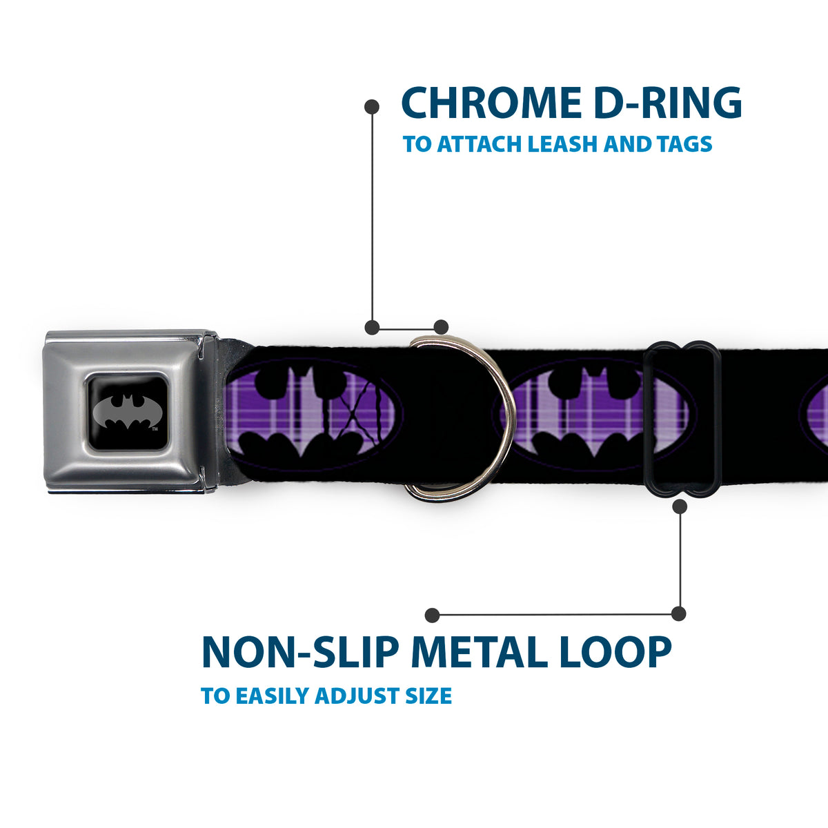 Batman Black Silver Seatbelt Buckle Collar - Batman Signal Black/Purple Plaid Dog Collars Seatbelt Buckle DC Comics