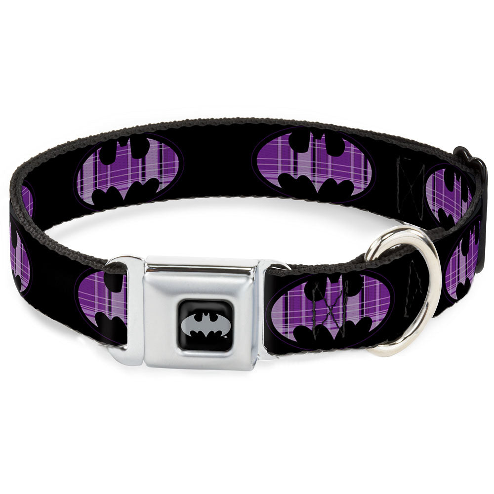 Batman Black Silver Seatbelt Buckle Collar - Batman Signal Black/Purple Plaid Dog Collars Seatbelt Buckle DC Comics