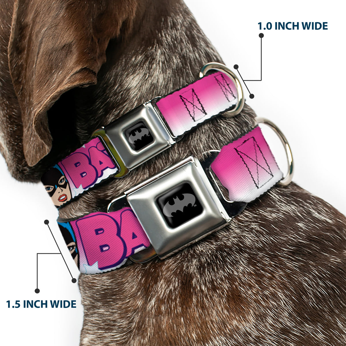 Batman Black/Silver Seatbelt Buckle Collar - BATGIRL Bubble Letters w/Stars Pink/White Dog Collars Seatbelt Buckle DC Comics