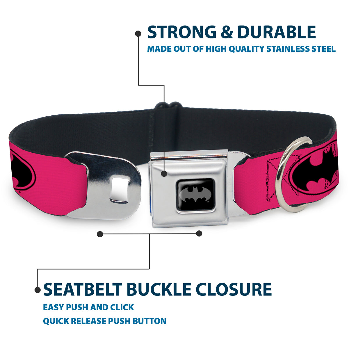 Batman Black Silver Seatbelt Buckle Collar - Bat Signal-3 Fuchsia/Black/Fuchsia Dog Collars Seatbelt Buckle DC Comics