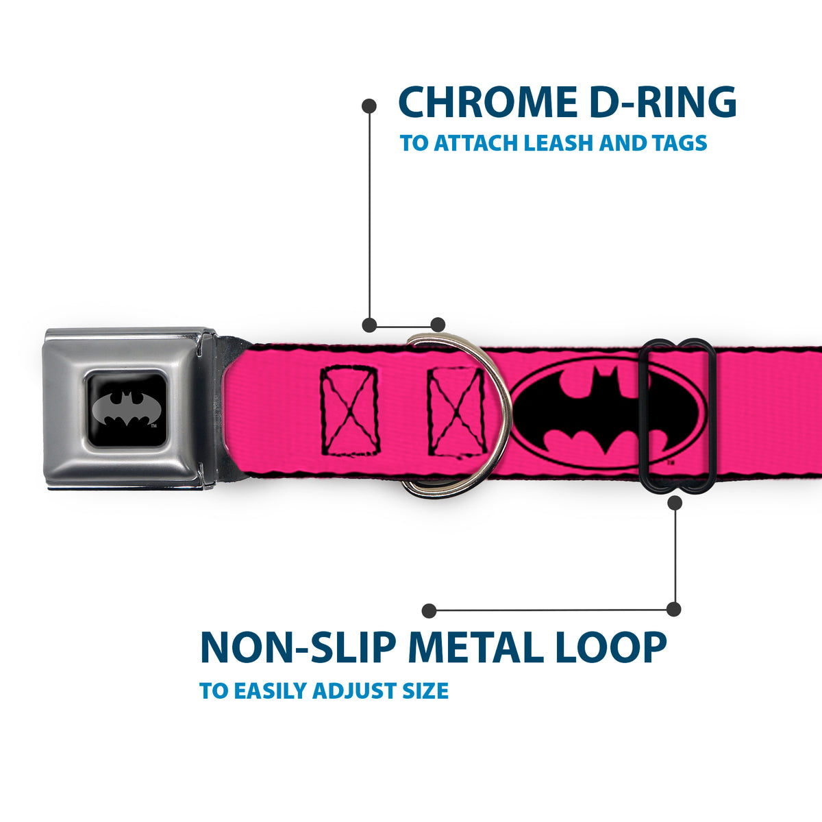 Batman Black Silver Seatbelt Buckle Collar - Bat Signal-3 Fuchsia/Black/Fuchsia Dog Collars Seatbelt Buckle DC Comics