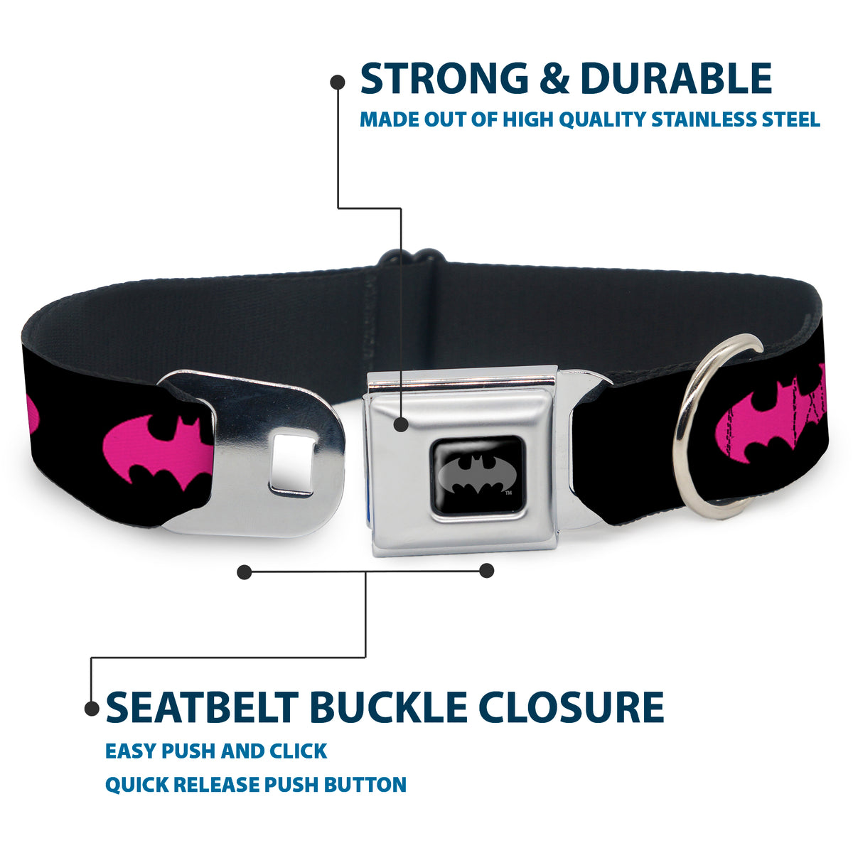 Batman Black Silver Seatbelt Buckle Collar - Batman Signal Black/Fuchsia Dog Collars Seatbelt Buckle DC Comics