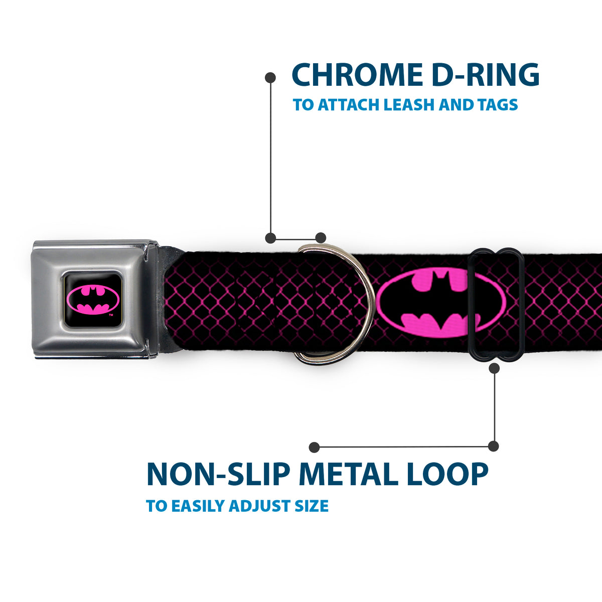 Batman Shield Full Color Black/Hot Pink Seatbelt Buckle Collar - Batman Shield/Chainlink Black/Hot Pink Dog Collars Seatbelt Buckle DC Comics