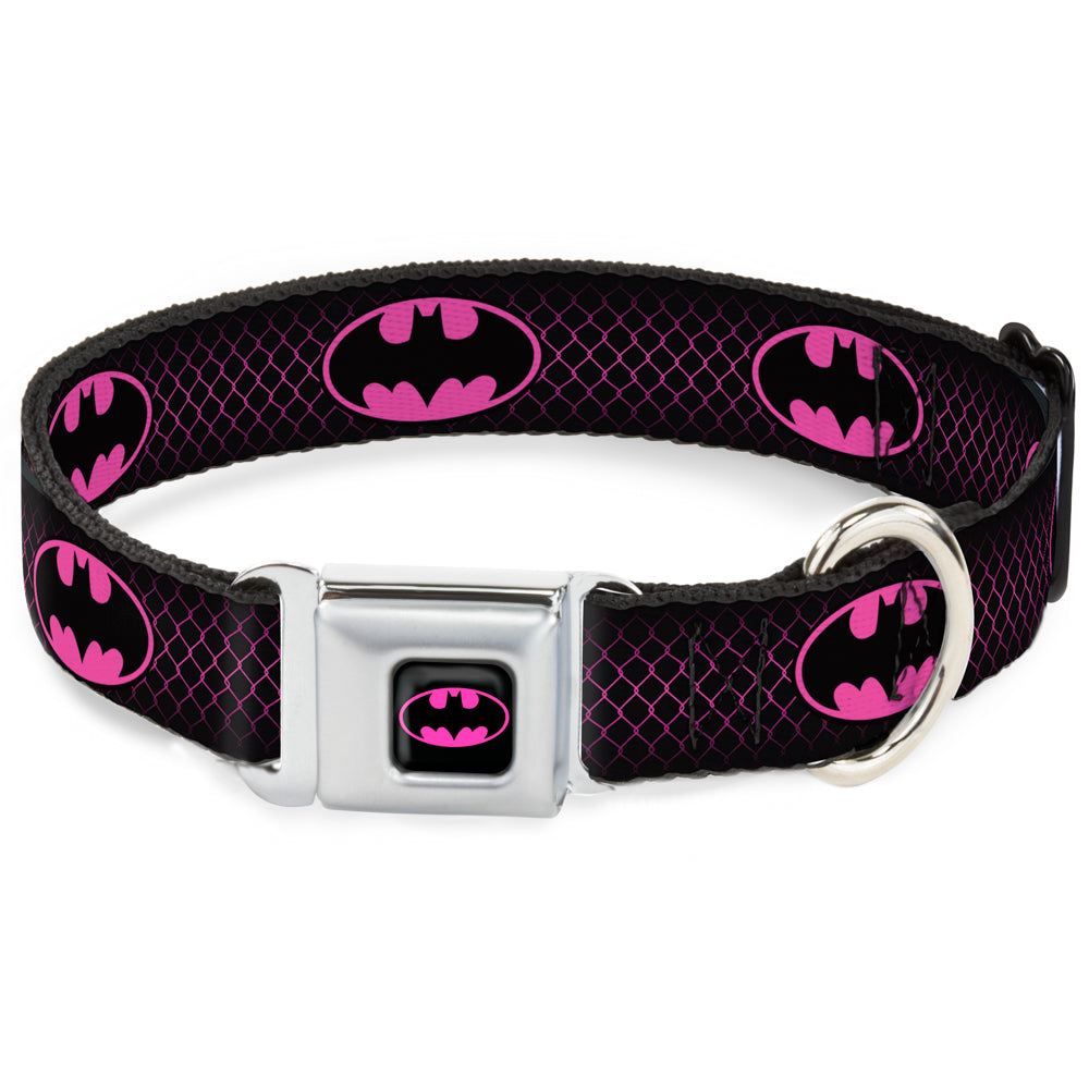 Batman Shield Full Color Black/Hot Pink Seatbelt Buckle Collar - Batman Shield/Chainlink Black/Hot Pink Dog Collars Seatbelt Buckle DC Comics