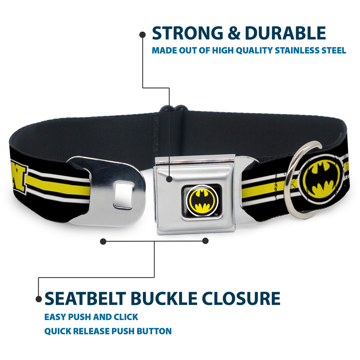 Bat Signal Black/White/Yellow Seatbelt Buckle Collar - BATMAN/Bat Signal Triple Stripe Black/White/Yellow Dog Collars Seatbelt Buckle DC Comics