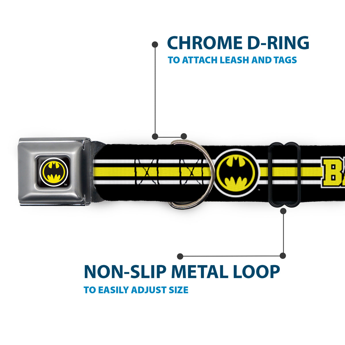 Bat Signal Black/White/Yellow Seatbelt Buckle Collar - BATMAN/Bat Signal Triple Stripe Black/White/Yellow Dog Collars Seatbelt Buckle DC Comics