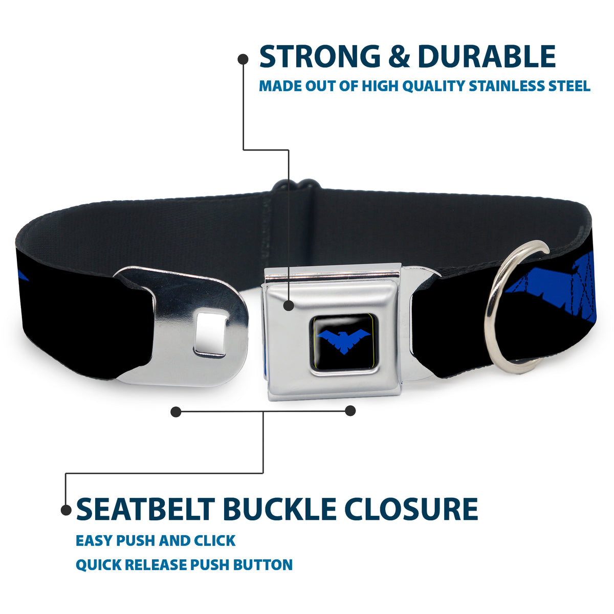Nightwing Logo Full Color Black Blue Seatbelt Buckle Collar - Nightwing Logo Black/Blue Dog Collars Seatbelt Buckle DC Comics