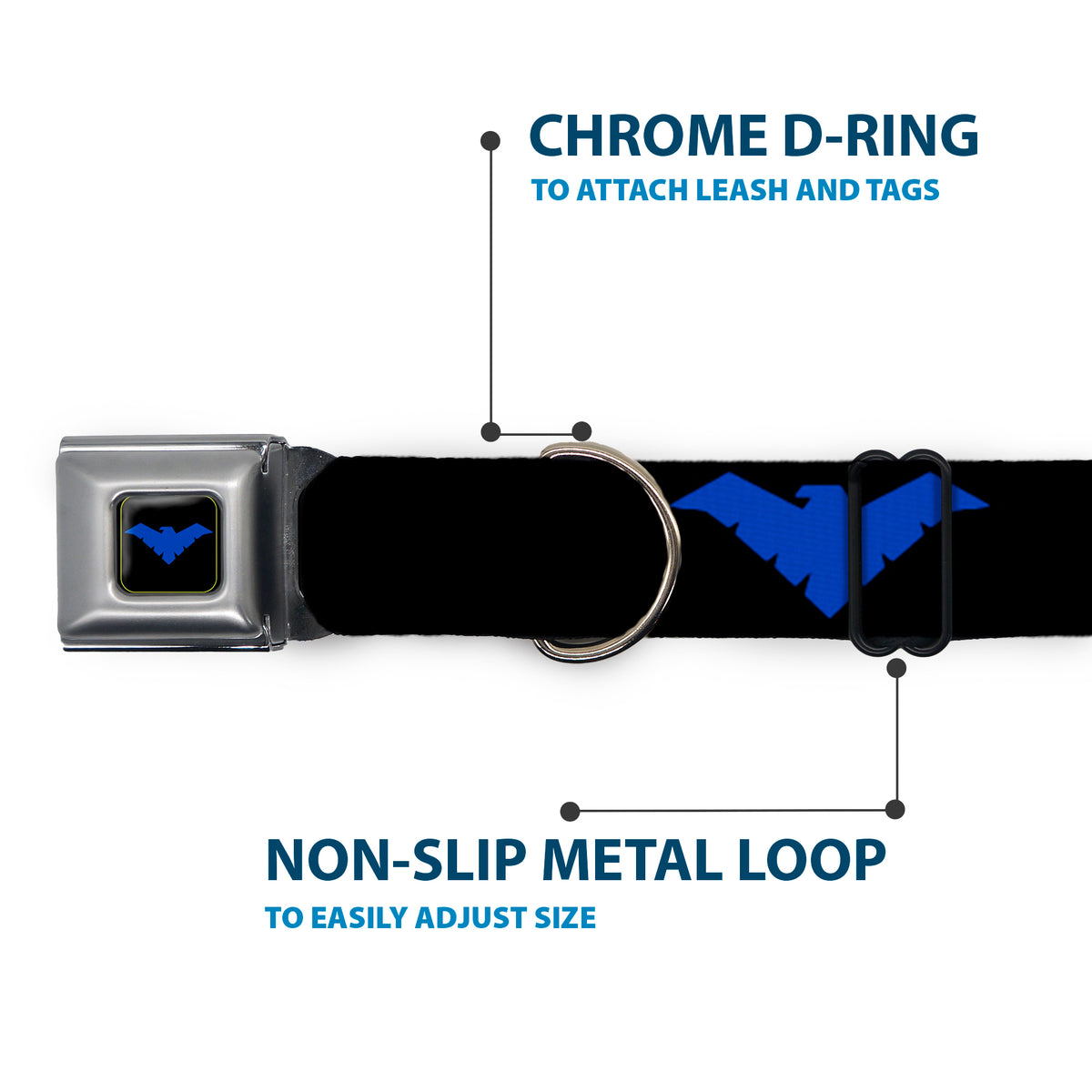 Nightwing Logo Full Color Black Blue Seatbelt Buckle Collar - Nightwing Logo Black/Blue Dog Collars Seatbelt Buckle DC Comics
