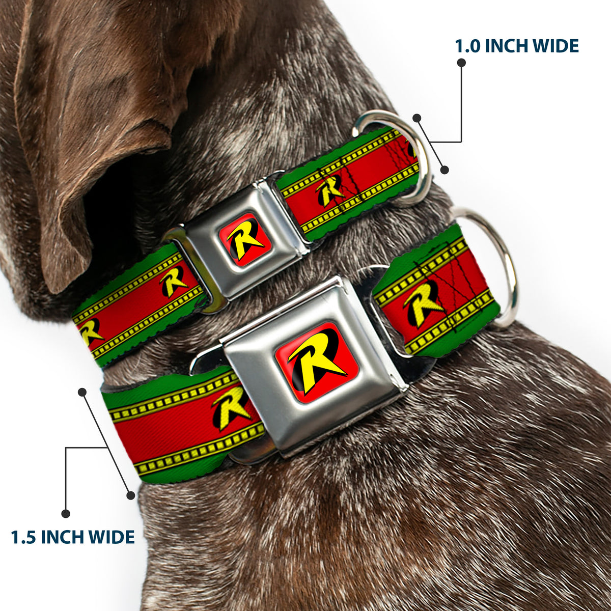 Robin "R" Logo Full Color Red/Black/Yellow Seatbelt Buckle Collar - Robin Action Pose/"R" Logo Stripe Green/Yellow/Red/Black Dog Collars Seatbelt Buckle DC Comics