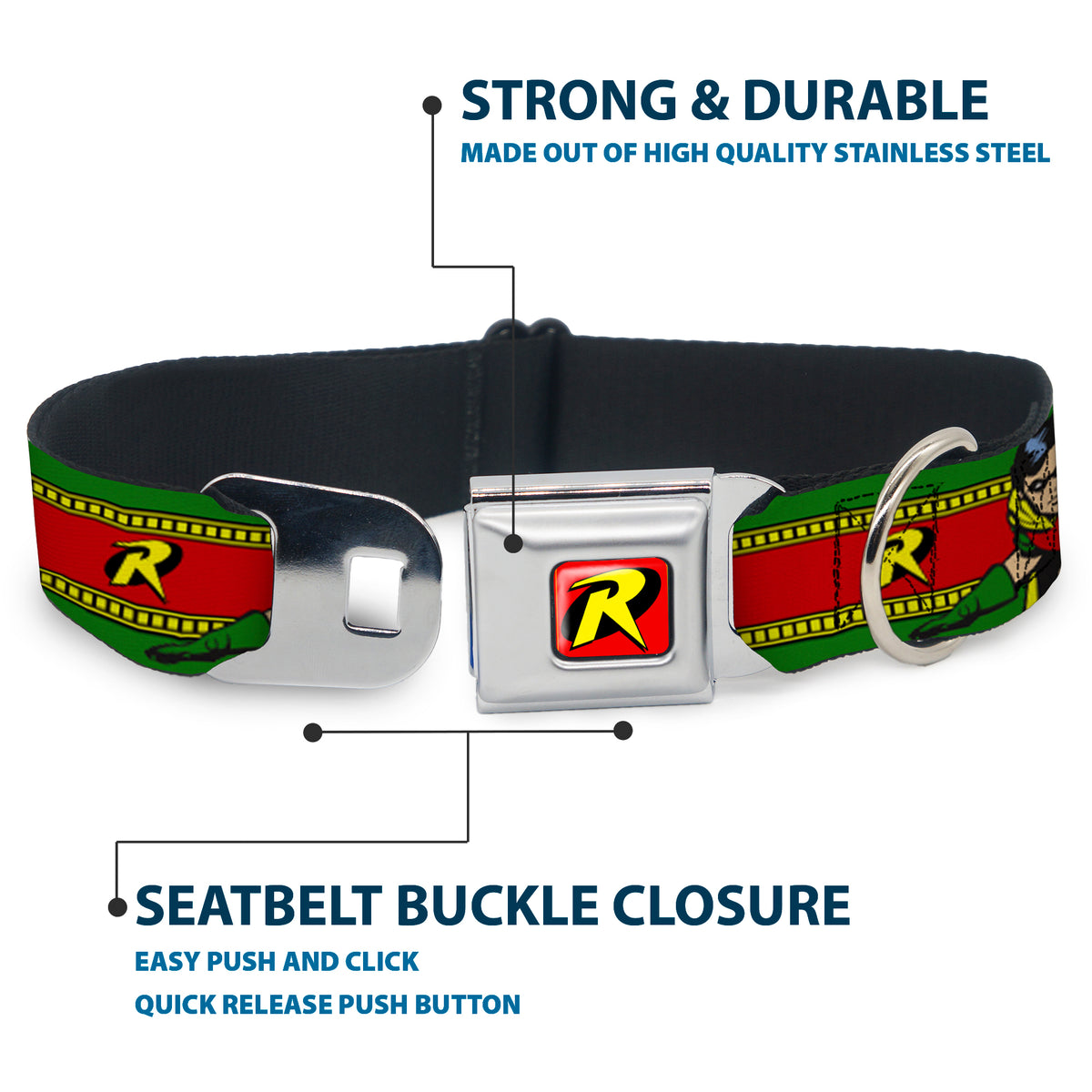 Robin "R" Logo Full Color Red/Black/Yellow Seatbelt Buckle Collar - Robin Action Pose/"R" Logo Stripe Green/Yellow/Red/Black Dog Collars Seatbelt Buckle DC Comics