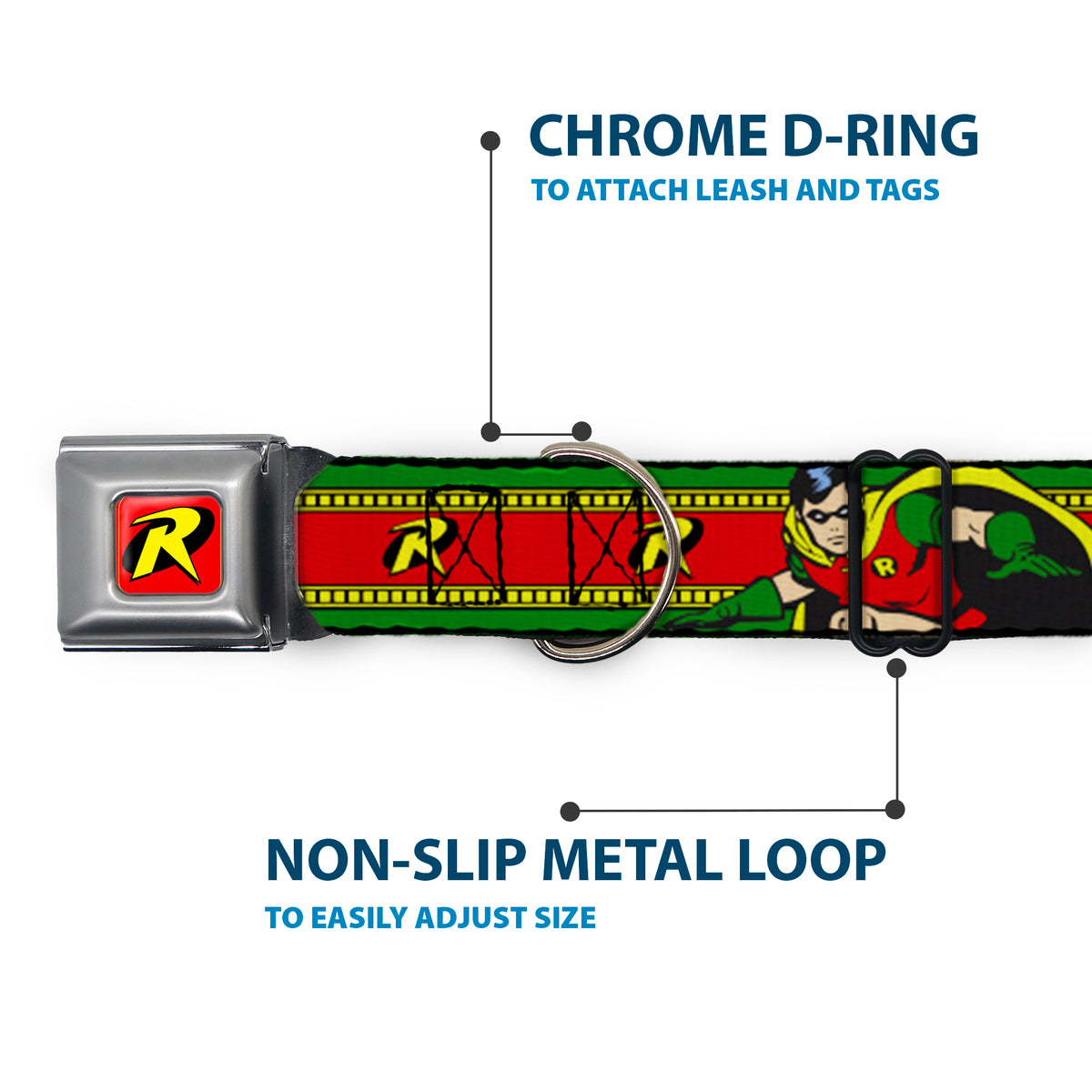 Robin "R" Logo Full Color Red/Black/Yellow Seatbelt Buckle Collar - Robin Action Pose/"R" Logo Stripe Green/Yellow/Red/Black Dog Collars Seatbelt Buckle DC Comics