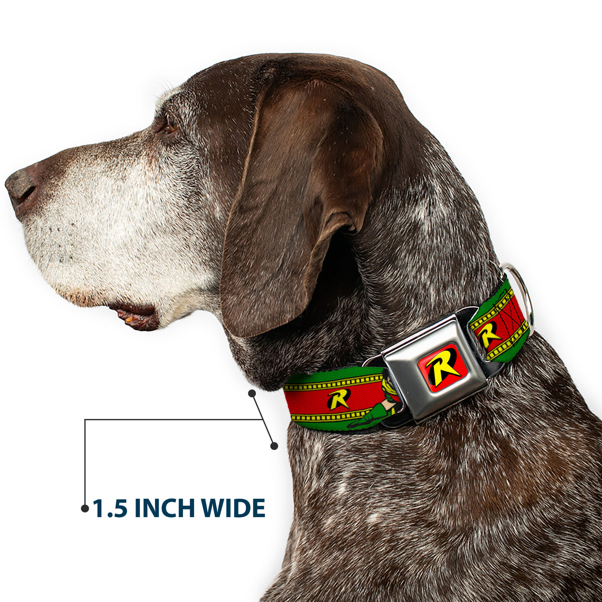 Robin "R" Logo Full Color Red/Black/Yellow Seatbelt Buckle Collar - Robin Action Pose/"R" Logo Stripe Green/Yellow/Red/Black Dog Collars Seatbelt Buckle DC Comics