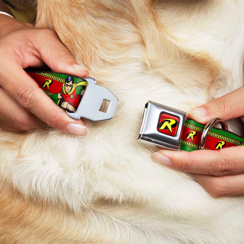 Robin "R" Logo Full Color Red/Black/Yellow Seatbelt Buckle Collar - Robin Action Pose/"R" Logo Stripe Green/Yellow/Red/Black Dog Collars Seatbelt Buckle DC Comics