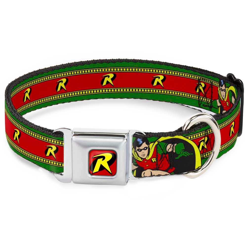 Robin "R" Logo Full Color Red/Black/Yellow Seatbelt Buckle Collar - Robin Action Pose/"R" Logo Stripe Green/Yellow/Red/Black Dog Collars Seatbelt Buckle DC Comics