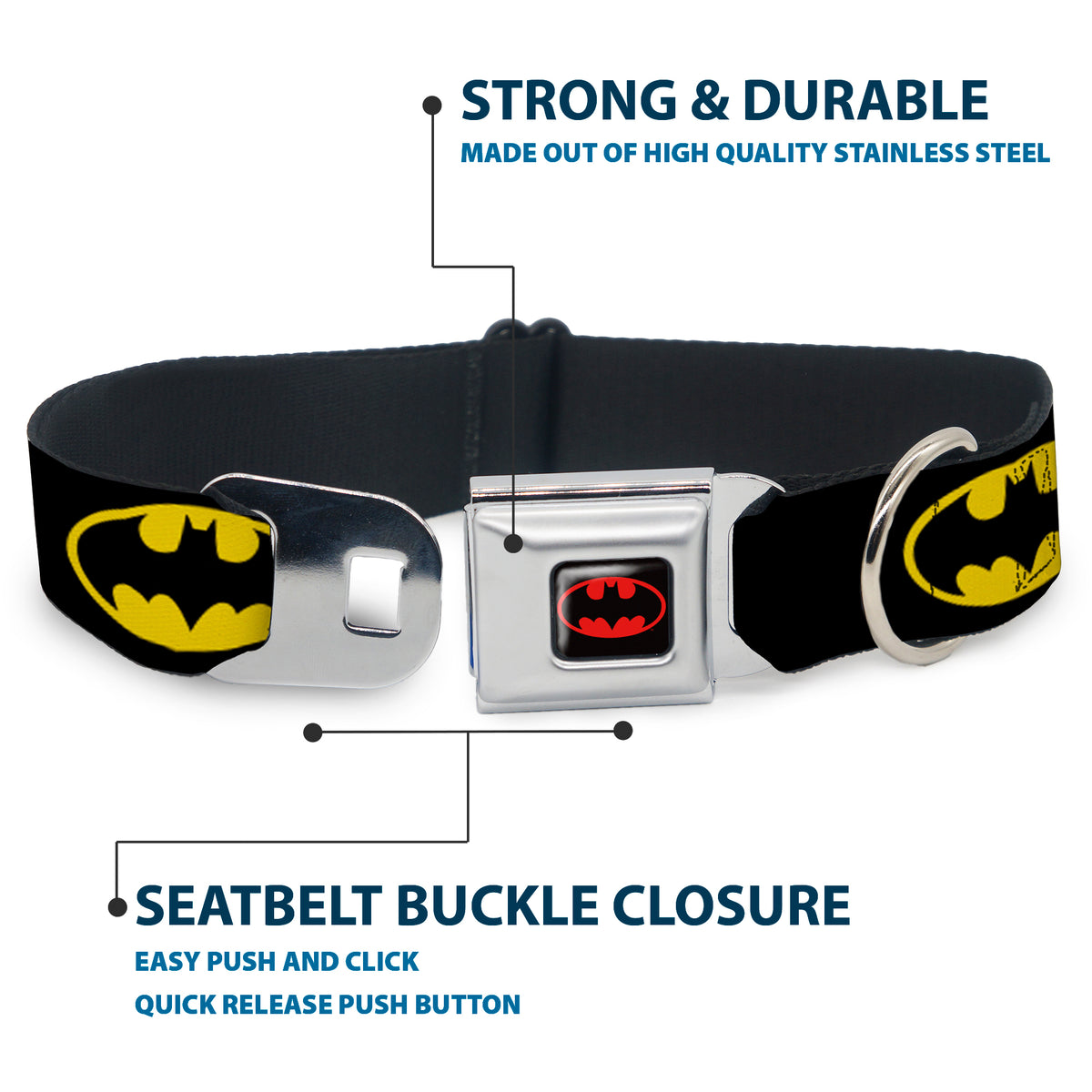 Batman Full Color Black Yellow Seatbelt Buckle Collar - Batman Shield Black/Yellow Dog Collars Seatbelt Buckle DC Comics